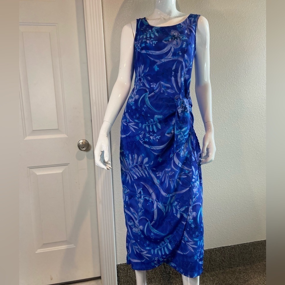 Expressions~Tropical Blue Faux Wrap Midi Dress~Scoop Neck~Sleeveless~Size 10